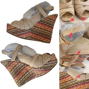 Bakers Tan Peep Toe Buckle Rainbow Basket Weave Style Wedges Women’s 7.5 Slim